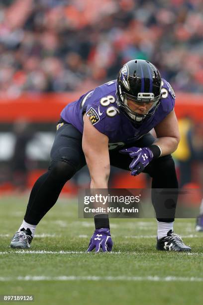 Nick Boyle of the Baltimore Ravens prepares for the ball to be snapped during the game against the Cleveland Browns at FirstEnergy Stadium on...