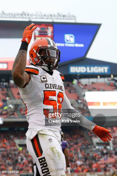 Christian Kirksey of the Cleveland Browns walks back to the line of scrimmage after making a defensive stop during the game against the Baltimore...