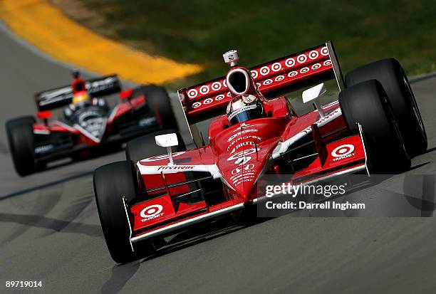 Scott Dixon drives the Target Chip Ganassi Racing Dallara Honda ahead of Justin Wilson during the IRL IndyCar Series The Honda Indy 200 on August 9,...