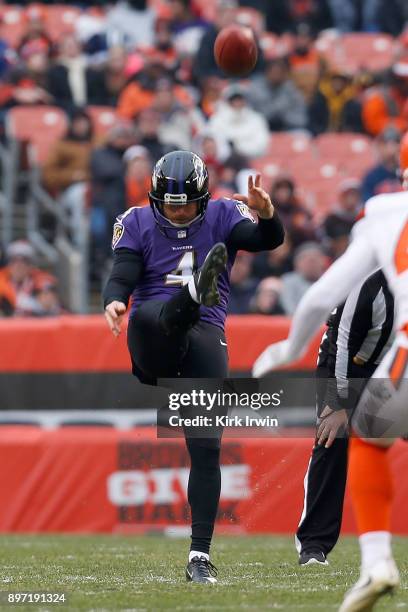 Sam Koch of the Baltimore Ravens punts the ball during the game against the Cleveland Browns at FirstEnergy Stadium on December 17, 2017 in...