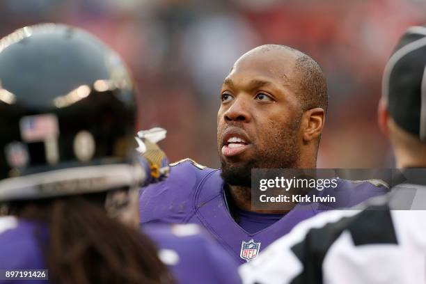 Terrell Suggs of the Baltimore Ravens stands on the sideline during the game against the Cleveland Browns at FirstEnergy Stadium on December 17, 2017...