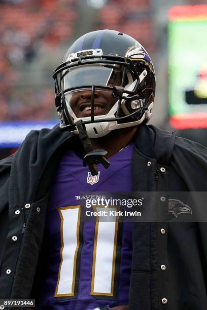 Breshad Perriman of the Baltimore Ravens stands on the sideline during the game against the Cleveland Browns at FirstEnergy Stadium on December 17,...