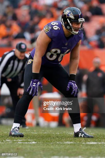 Nick Boyle of the Baltimore Ravens prepares for the ball to be snapped during the game against the Cleveland Browns at FirstEnergy Stadium on...