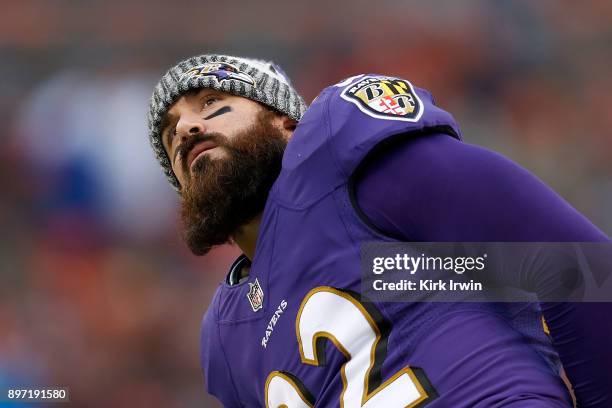 Eric Weddle of the Baltimore Ravens stands on the sideline during the game against the Baltimore Ravens at FirstEnergy Stadium on December 17, 2017...