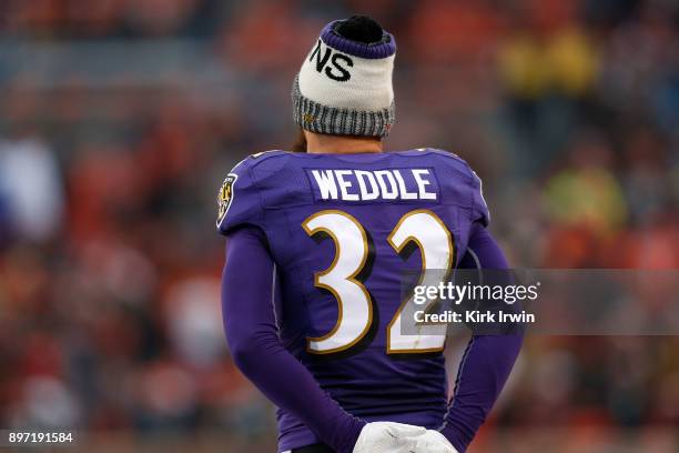 Eric Weddle of the Baltimore Ravens stands on the sideline during the game against the Baltimore Ravens at FirstEnergy Stadium on December 17, 2017...