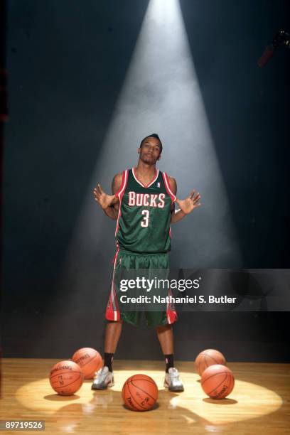 Brandon Jennings of the Milwaukee Bucks poses during the 2009 NBA rookie portrait shoot at the MSG training facility August 9, 2009 in Tarrytown, New...