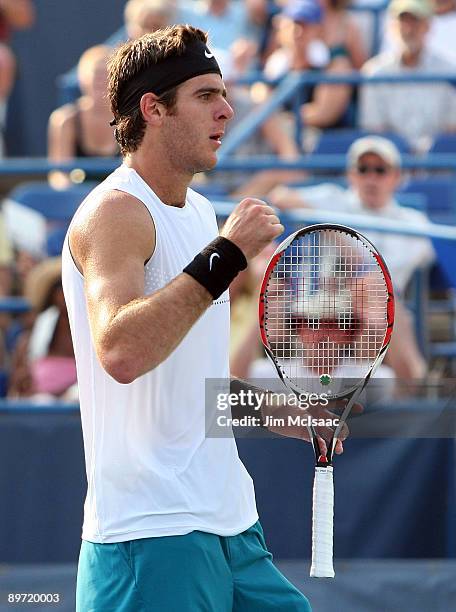 Juan Martin Del Potro of Argentina celebrates a point against Andy Roddick during Day 7 of the Legg Mason Tennis Classic at the William H.G....