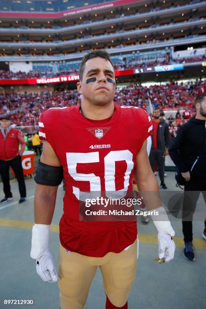 Brock Coyle of the San Francisco 49ers stands on the sideline prior to the game against the Tennessee Titans at Levi's Stadium on December 17, 2017...