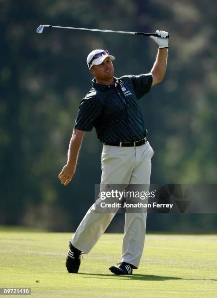 John Rollins hits his second shot on the ninth hole during the final round of the Legends Reno-Tahoe Open on August 9, 2009 at Montreux Golf and...