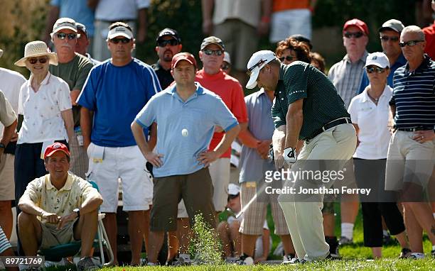 John Rollins hits his third shot on the ninth hole during the final round of the Legends Reno-Tahoe Open on August 9, 2009 at Montreux Golf and...