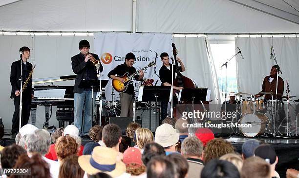 The Roy Guzman Quintet, Michael Sachs, Billy Buss, Roy Guzman, Greg Chaplin and Mark Whitfiield perform at George Wein's CareFusion Jazz Festival at...