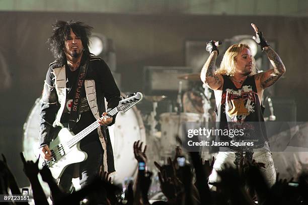 Nikki Sixx and Vince Neil of Motley Crue perform during Crue Fest 2 at the Sprint Center on August 9, 2009 in Kansas City, Missouri.