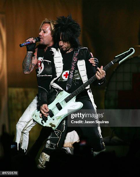 Nikki Sixx and VInce Neil of Motley Crue perform during Crue Fest 2 at the Sprint Center on August 9, 2009 in Kansas City, Missouri.