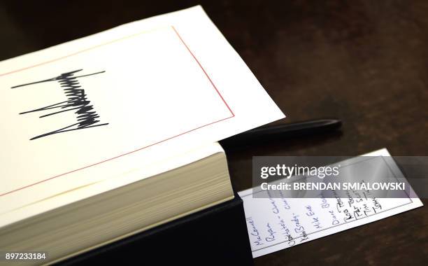 Notes seen on the desk of United States President Donald J. Trump during an event to sign the Tax Cut and Reform Bill in the Oval Office at The White...