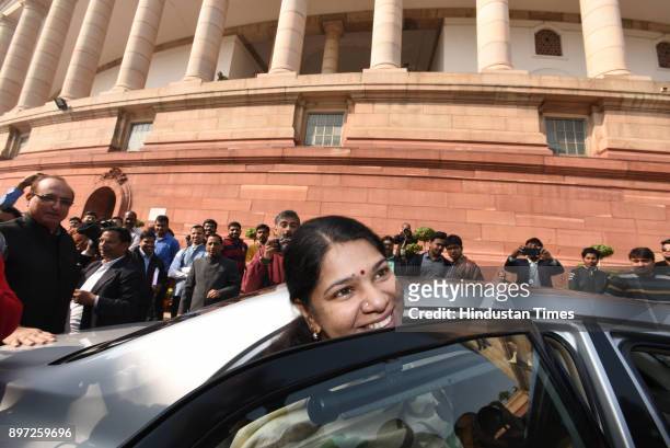 Leader Kanimozhi during the on-going winter session of Parliament house on December 22, 2017 in New Delhi, India.