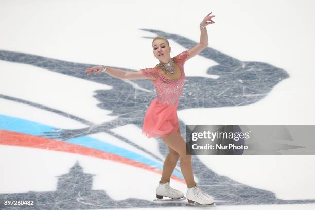 Maria Sotskova performs her short program at the Russian Figure Skating Championships in St. Petersburg, Russia, on 22 December 2017.