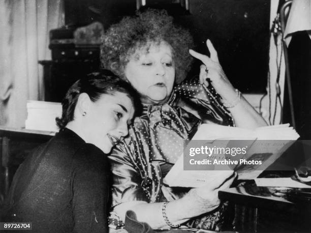 Actress Audrey Hepburn with French writer Colette , circa 1951. Hepburn played the lead in the Broadway play 'Gigi' based on Colette's novel of the...