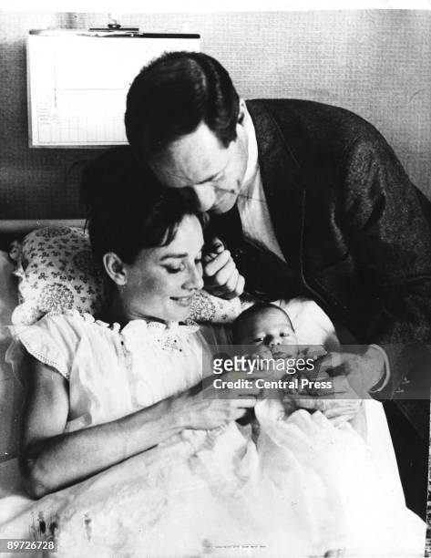Actress Audrey Hepburn with her husband, American actor Mel Ferrer and their three-day-old son Sean, Lucerne, Switzerland, 20th July 1960.