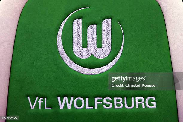The logo of Wolfsburg is seen on the coaches bench before the Bundesliga match between VfL Wolfsburg and VfB Stuttgart at Volkswagen Arena on August...