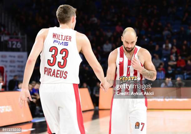 Vassilis Spanoulis, #7 of Olympiacos Piraeus and Kyle Wiltjer, #33 of Olympiacos Piraeus in action during the 2017/2018 Turkish Airlines EuroLeague...