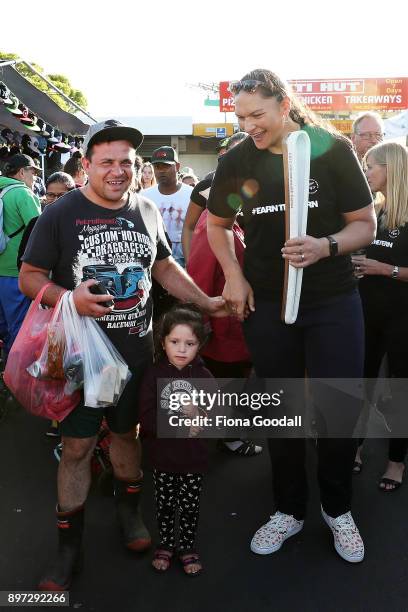 Dame Valerie Adams chats to visitors at Otara Markets with the Queens Baton during the Commonwealth Games Queens Baton Relay Visit to Auckland on...