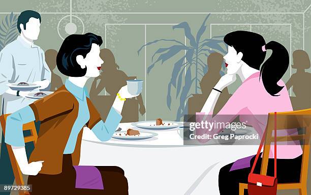two women dining at restaurant - indoor dining stock illustrations