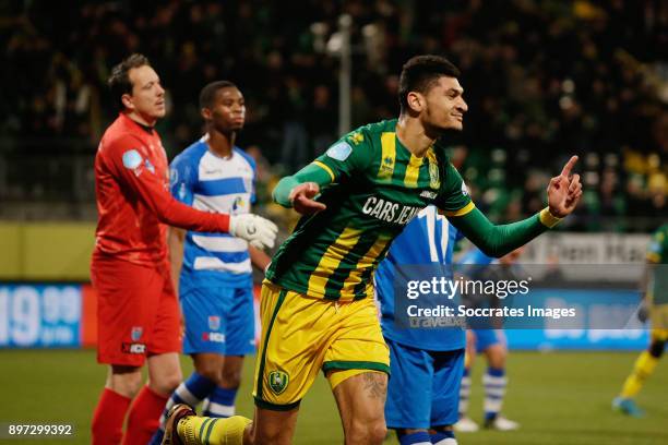 Bjorn Johnsen of ADO Den Haag celebrates 2-0 during the Dutch Eredivisie match between ADO Den Haag v PEC Zwolle at the Cars Jeans Stadium on...