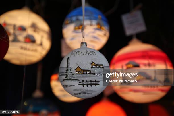 Christmas tree ball with written Munich on it. They were sold by a stand at the Marienplatz christmas market in Munich, Germany, on 22 December 2017..