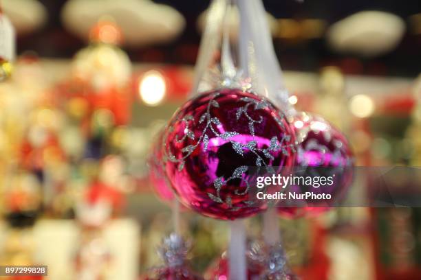 Christmas tree balls at the Marienplatz Christmas Market in Munich, Germany, on 22 December 2017.
