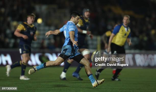 James Marshall of London Irish clears the ball upfield during the Aviva Premiership match between Worcester Warriors and London Irish at Sixways...