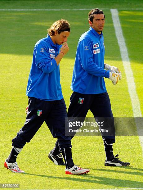 Gianluigi Buffon and Federico Marchetti of Italy during the training on August 10, 2009 in Coverciano , Italy.