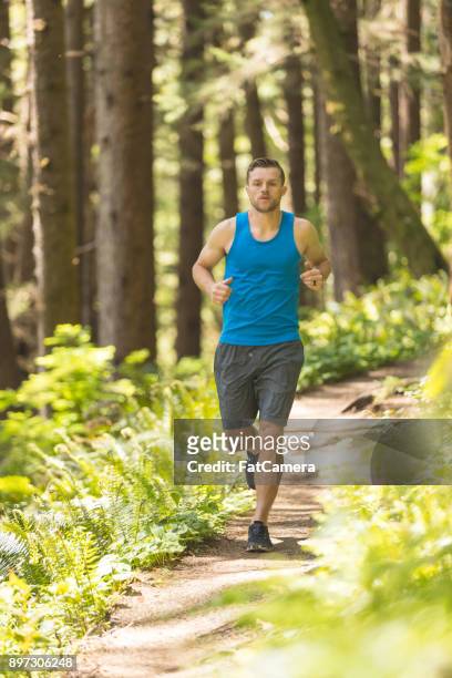 junge männliche trailrunning im wald - confidence male landscape stock-fotos und bilder