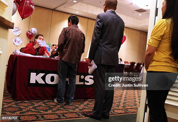 Job seekers wait in ling to fill out job applications during a Kohl's job fair at the Embassy Suites hotel August 10, 2009 in San Rafael, California....