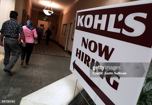 Job seekers begin to line up to fill out job applications during a Kohl's job fair at the Embassy Suites hotel August 10, 2009 in San Rafael,...