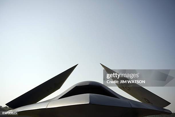 Prototype of the X-47B Navy Unmannded Combat Air System sits on diplay at Naval Air Station Pax River Webster Field Annex in St. Inigoes, Maryland,...