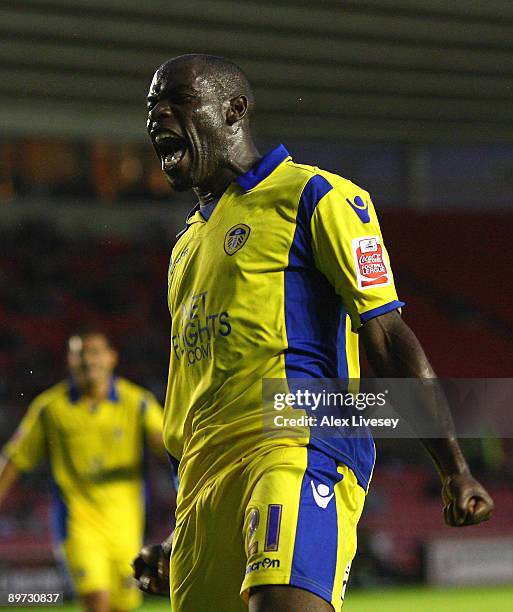 Enoch Showunmi of Leeds United celebrates after scoring the opening goal during the Carling Cup First Round match between Darlington and Leeds United...