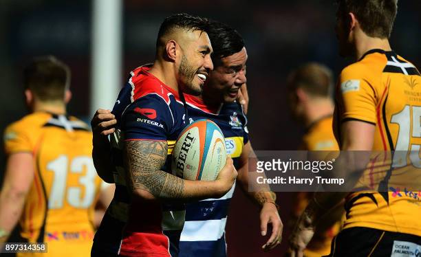 Tusi Pisi of Bristol Rugby celebrates after scoring a try during the Greene King IPA Championship match between Bristol Rugby and Cornish Pirates at...