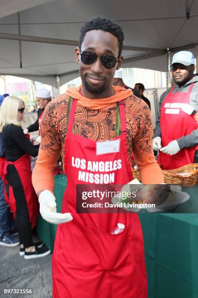 Jeremy Tardy is seen at the Los Angeles Mission's Christmas Celebration on Skid Row on December 22, 2017 in Los Angeles, California.