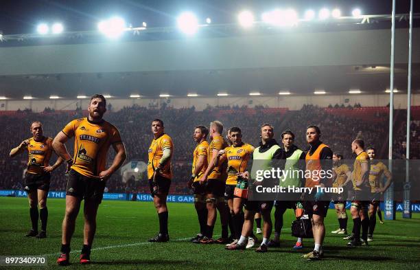 Members of the Cornish Pirates side cut dejected figures after conceeding a try during the Greene King IPA Championship match between Bristol Rugby...