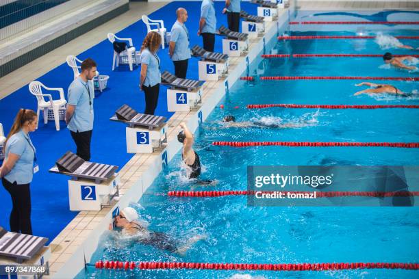 mujer natación competición, butterfly stroke, ganador celebrando - torneo de natación fotografías e imágenes de stock