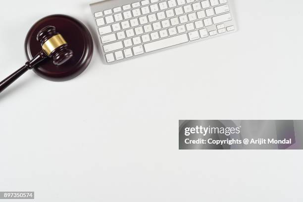 gavel and sound bock with computer keyboard online auction in white background and copy space - bid paddle stock pictures, royalty-free photos & images