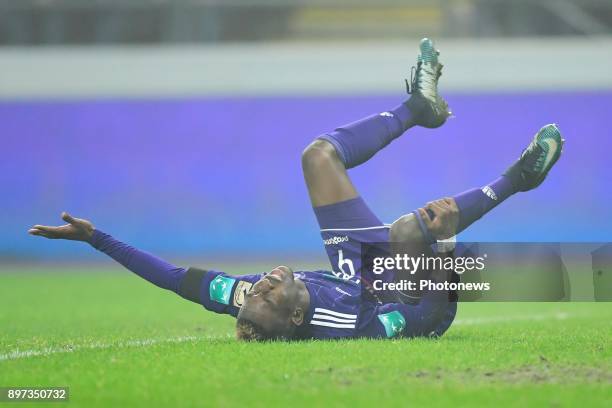 Henry Onyekuru forward of RSC Anderlecht is lying on the pitch with an injury to the knee during the Jupiler Pro League match between RSC Anderlecht...