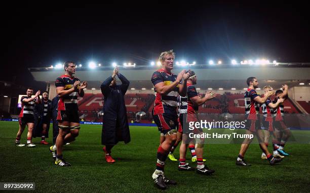 The Bristol Rugby players applaude the fans at the final whistle during the Greene King IPA Championship match between Bristol Rugby and Cornish...
