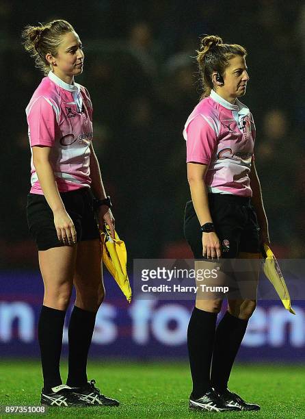Assistant Referees Sara Cox and Claire Daniels look on during the Greene King IPA Championship match between Bristol Rugby and Cornish Pirates at...