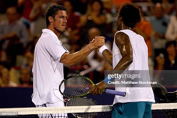 Marat Safin of Russia congratulates Gael Monfils of France after their match during the Rogers Cup at Uniprix Stadium on August 10, 2009 in Montreal,...