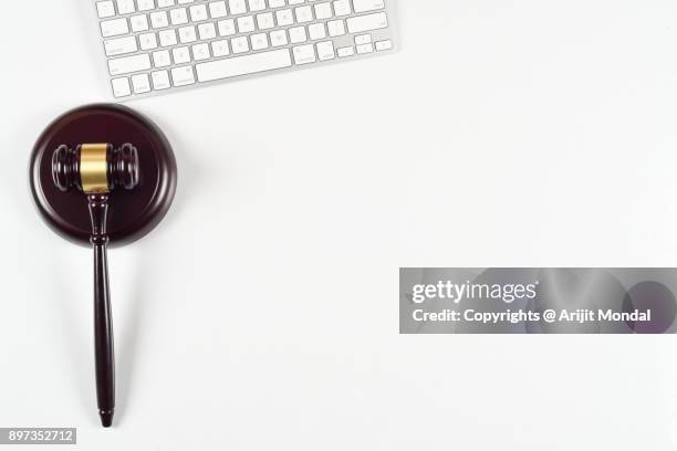 gavel and sound block, computer keyboard on white background with copy space top view - bid paddle stock pictures, royalty-free photos & images