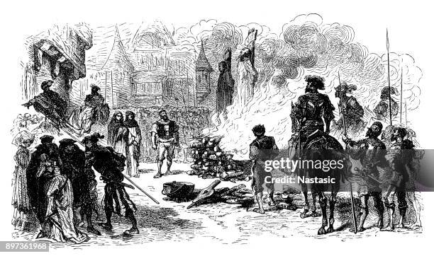 burning of reformers at meaux - wooden post stock illustrations