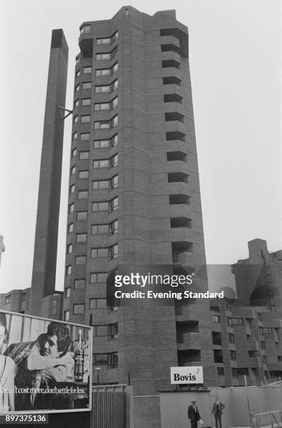 One of the tower buildings of the World's End Estate, Kensington and Chelsea, London, UK, 16th January 1975.