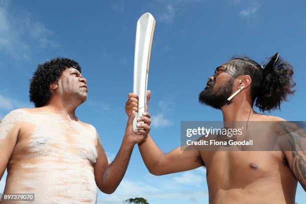 Tawera Wilson of Ngati Whatua and Jason Sandy of the Yugambeh clan hold the Queens Baton at Auckland War Memorial Museum during the Commonwealth...