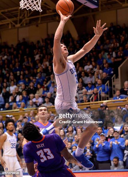 Grayson Allen of the Duke Blue Devils against the Evansville Aces during their game at Cameron Indoor Stadium on December 20, 2017 in Durham, North...